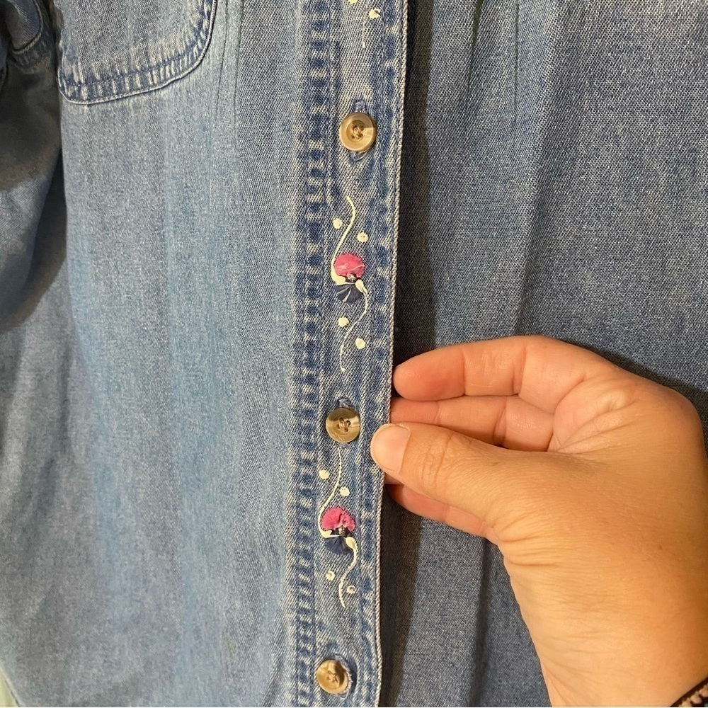 Vintage Denim Hand Painted Floral Top Cotton Wearable Art Sz XL - Picture 6 of 8